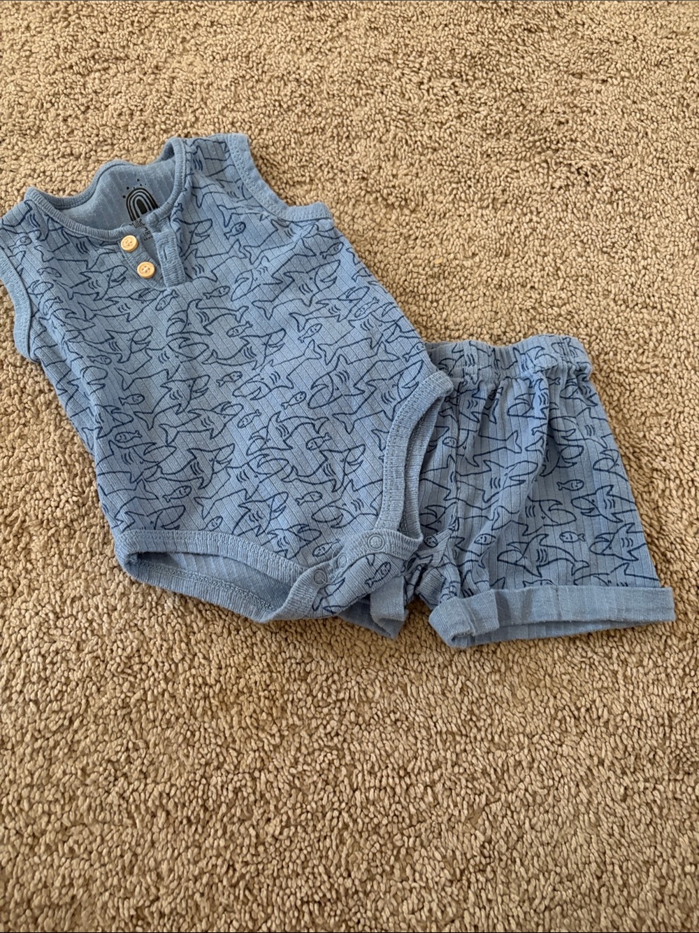 Blue Shark-Print Kids Matching Set - Sleeveless Romper & Shorts